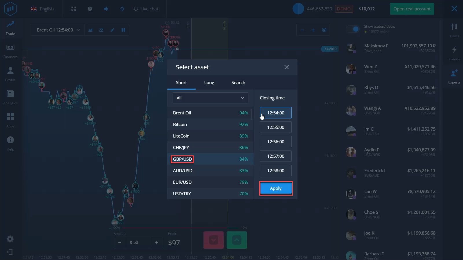 Selecting the asset on the expertoption.com