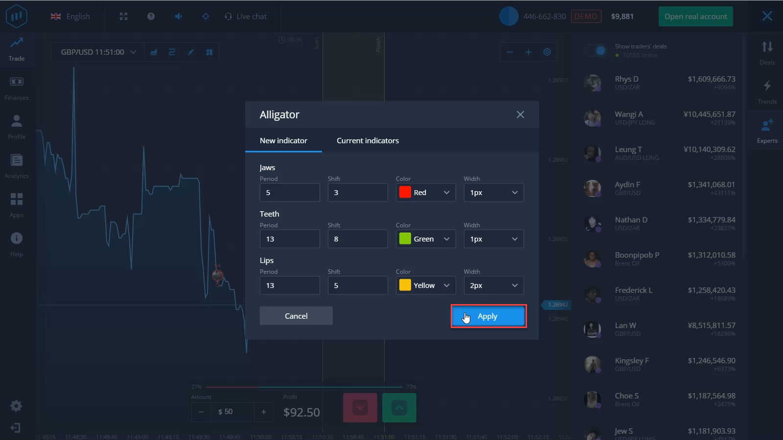 Tuning the indicator on the Expertoption