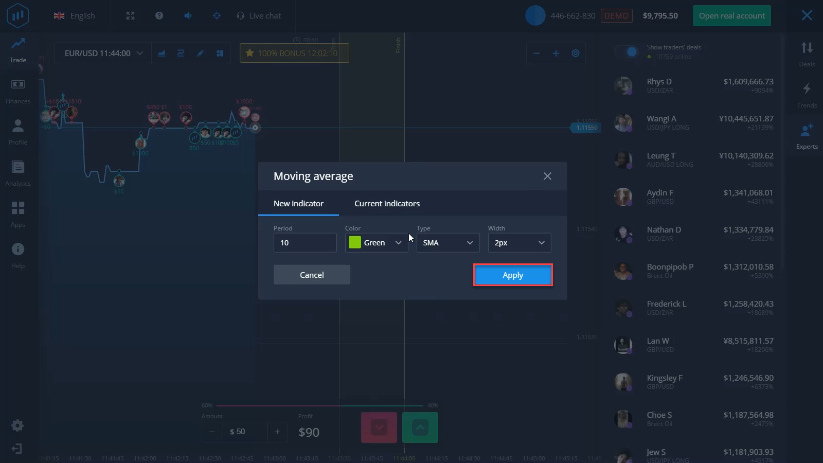 Tuning the indicator on the expertoption