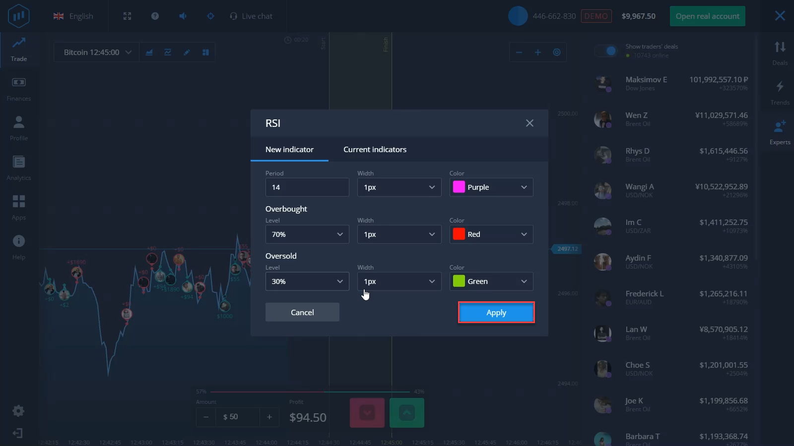 Tuning the indicator on the expertoption